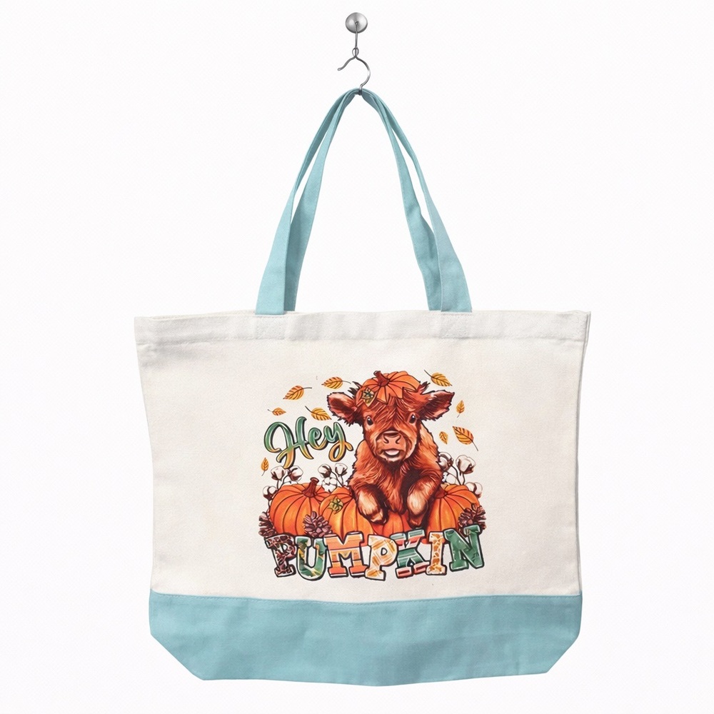 “Hey Pumpkin” Highland Cow / Fall Canvas Tote Bag - Fall/Autumn Design